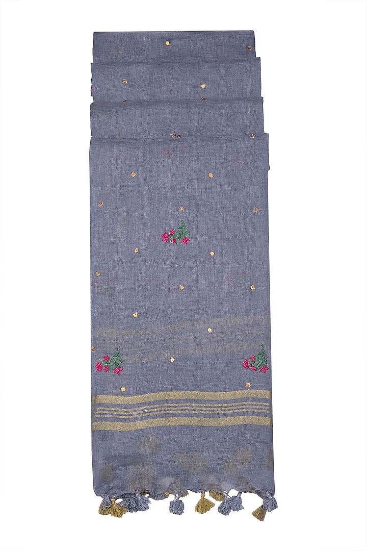 Grey Floral Embroidered Dupatta by Khes