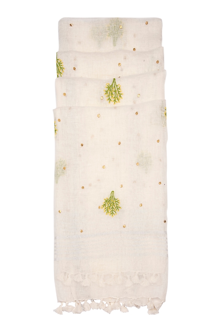 White Floral Embroidered Dupatta by Khes