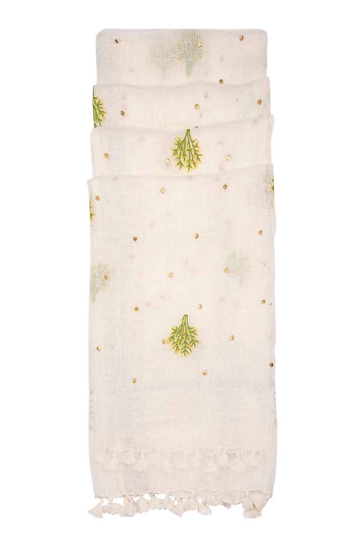 White Floral Embroidered Dupatta by Khes at Pernia's Pop Up Shop