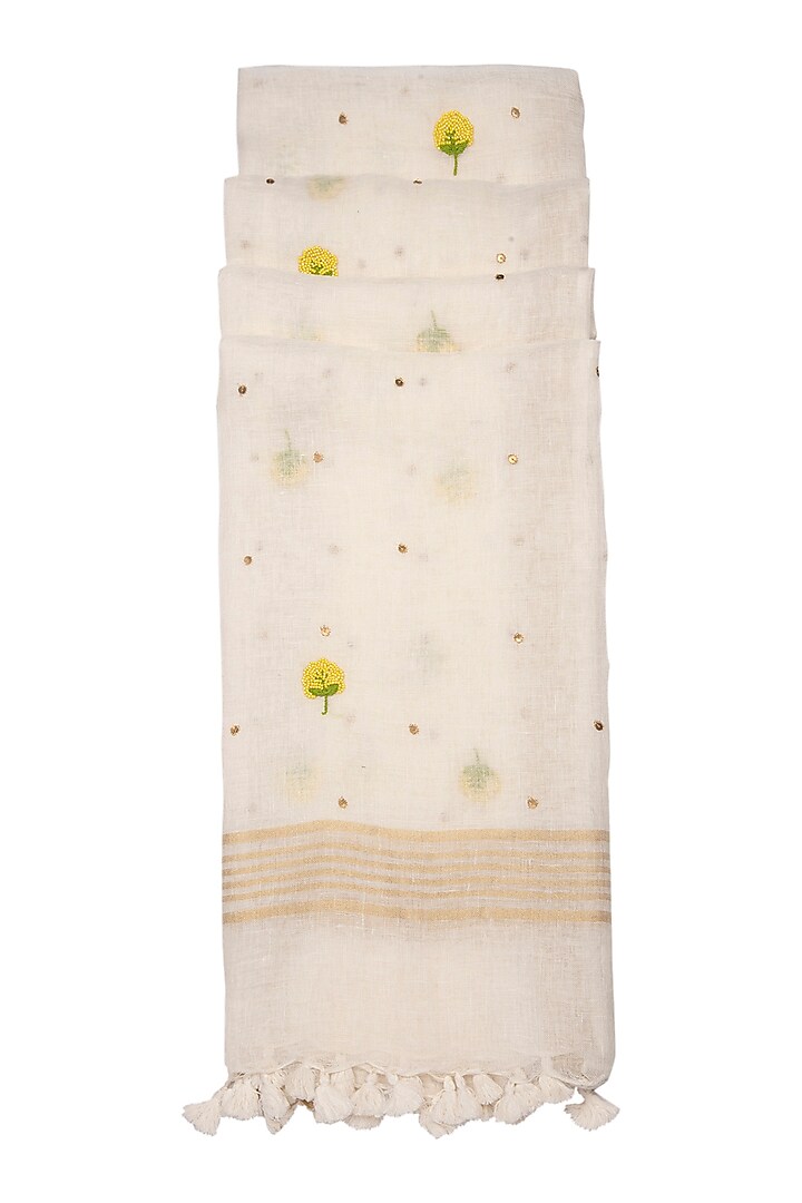White Floral Embroidered Linen Dupatta by Khes