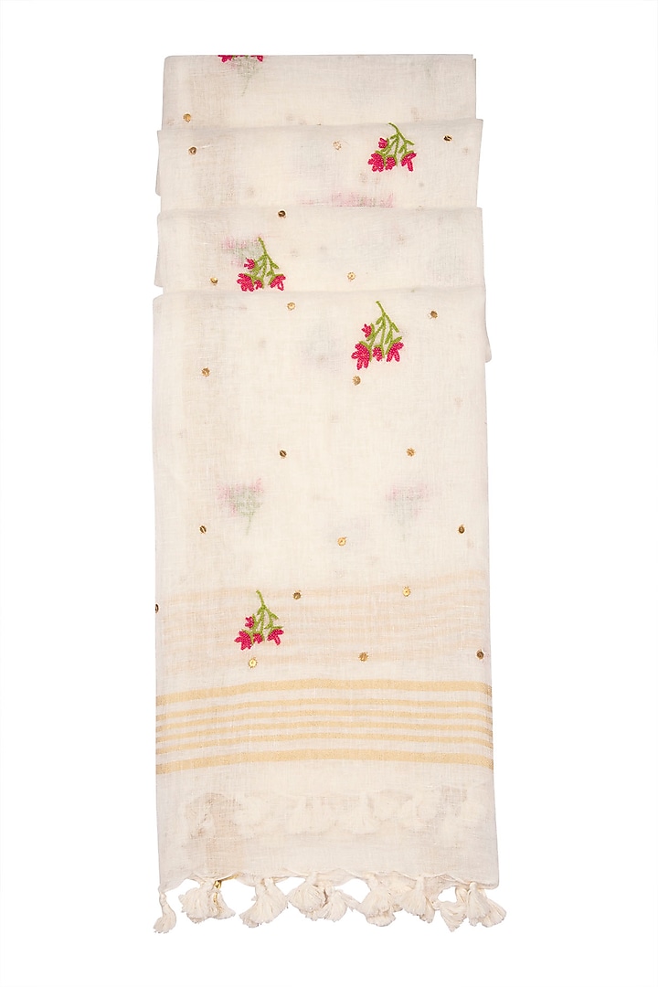 White Embroidered Linen Dupatta by Khes