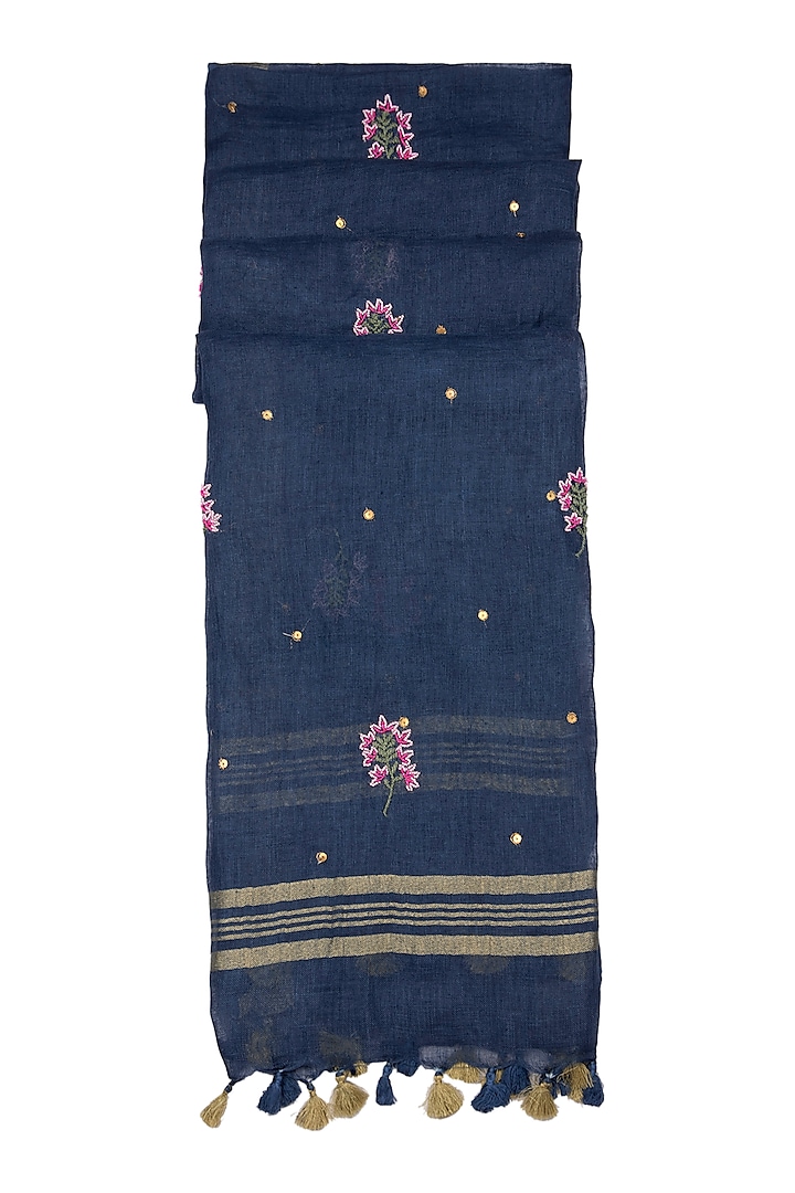 Blue Floral Embroidered Dupatta by Khes