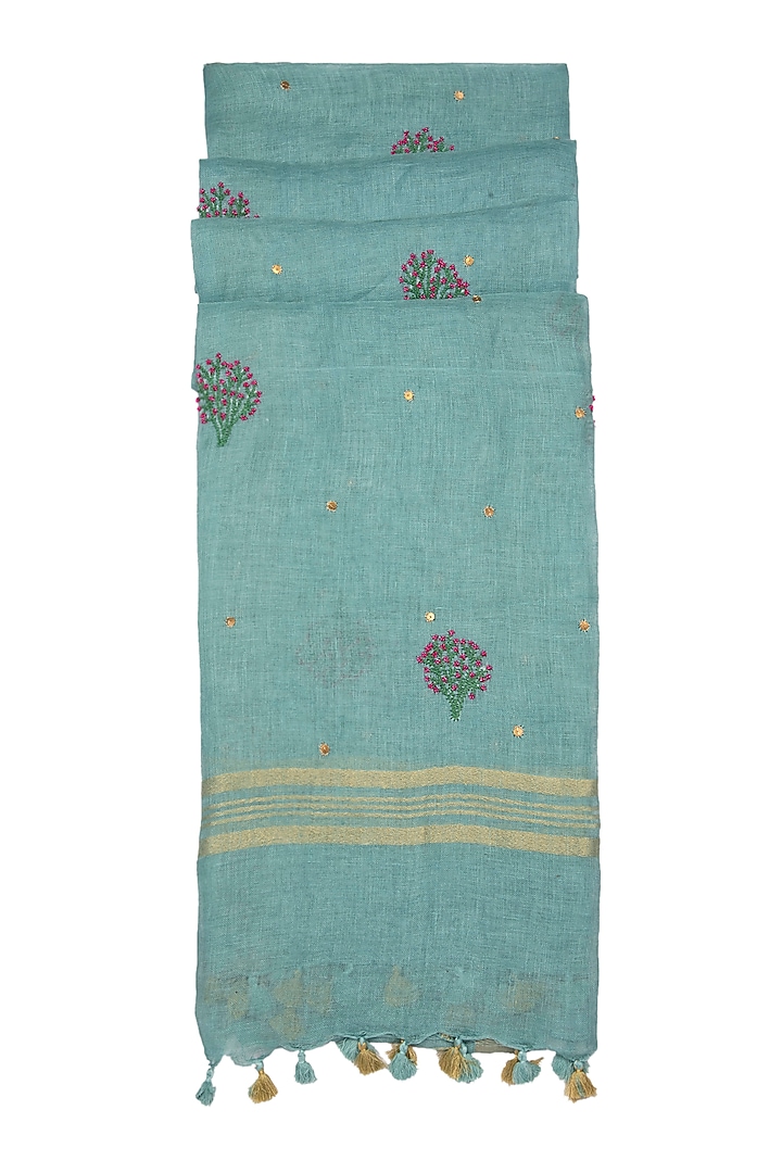 Sky Blue Floral Embroidered Dupatta by Khes at Pernia's Pop Up Shop