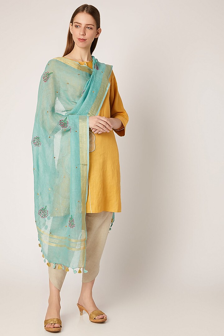 Sky Blue Floral Embroidered Dupatta by Khes at Pernia's Pop Up Shop