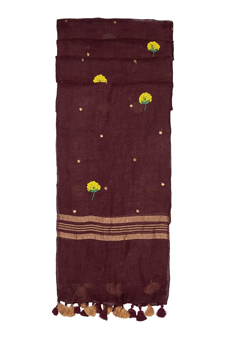 Dark Magenta Floral Embroidered Dupatta by Khes