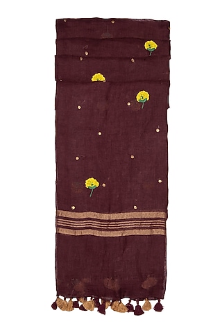 Dark Magenta Floral Embroidered Dupatta by Khes