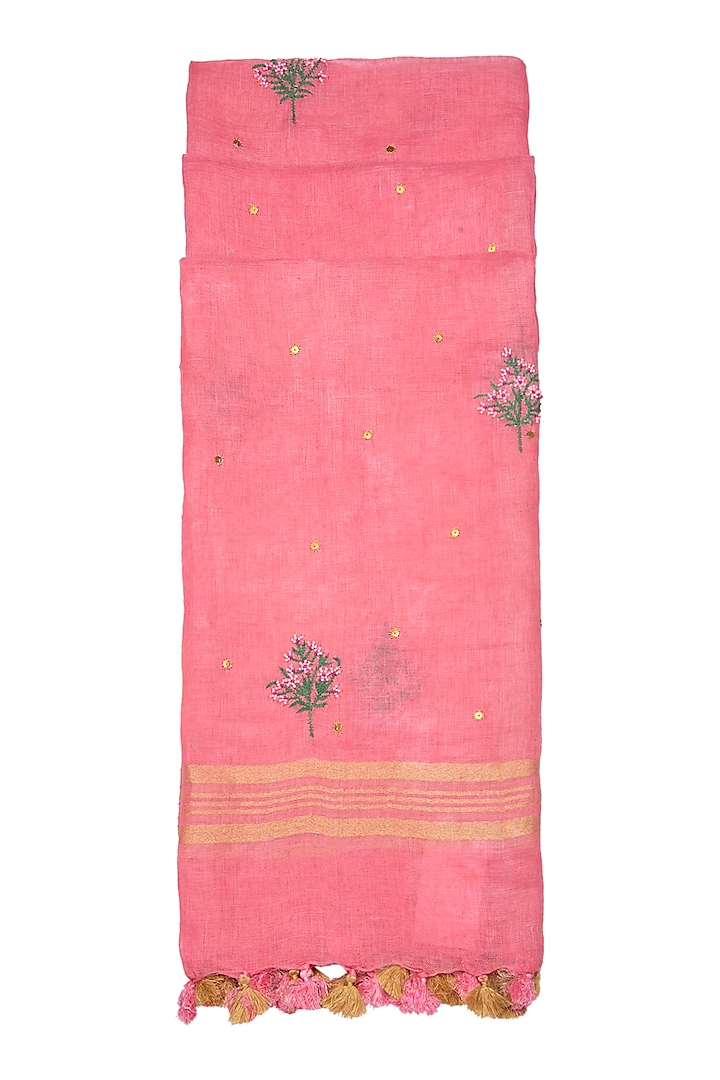 Pink Floral Embroidered Dupatta by Khes