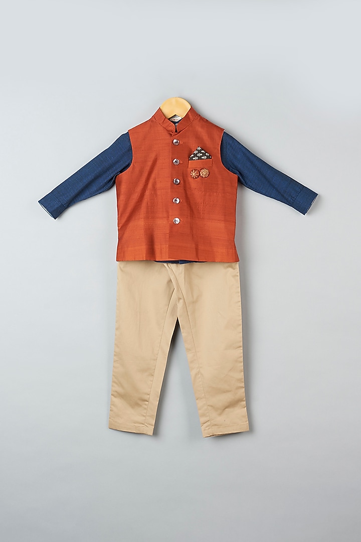 Rust Silk Bundi Jacket With Pant Set For Boys by Khela at Pernia's Pop Up Shop