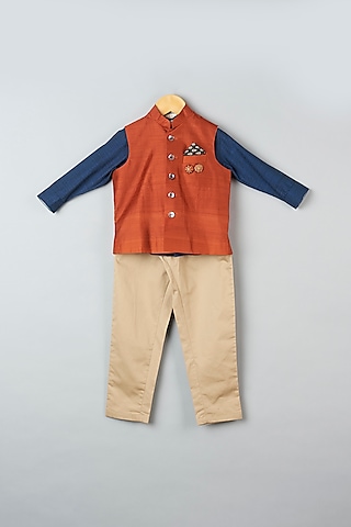 Rust Silk Bundi Jacket With Pant Set For Boys by Khela