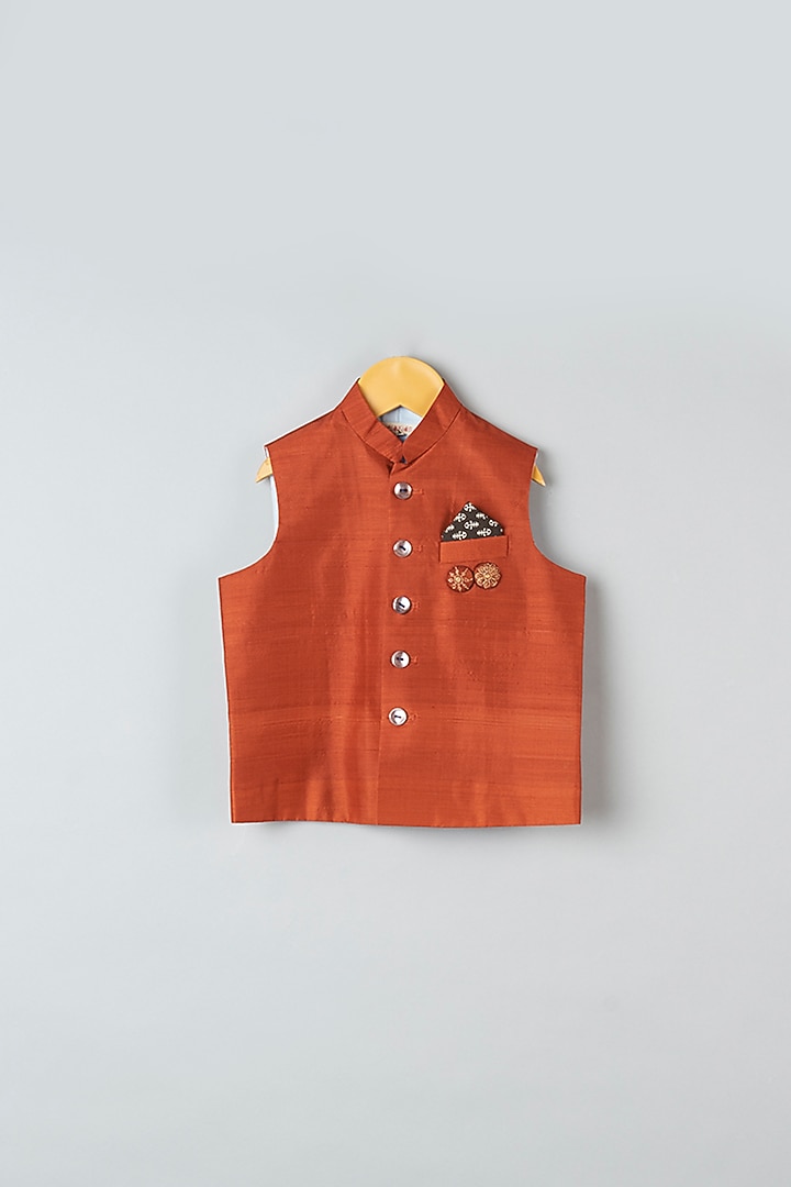 Rust Silk Bundi Jacket With Pant Set For Boys by Khela at Pernia's Pop Up Shop