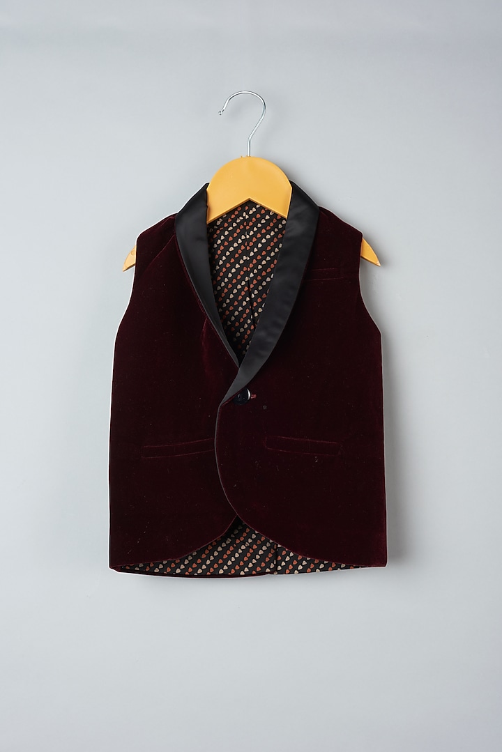 Burgundy Velvet Tuxedo Waistcoat For Boys by Khela at Pernia's Pop Up Shop