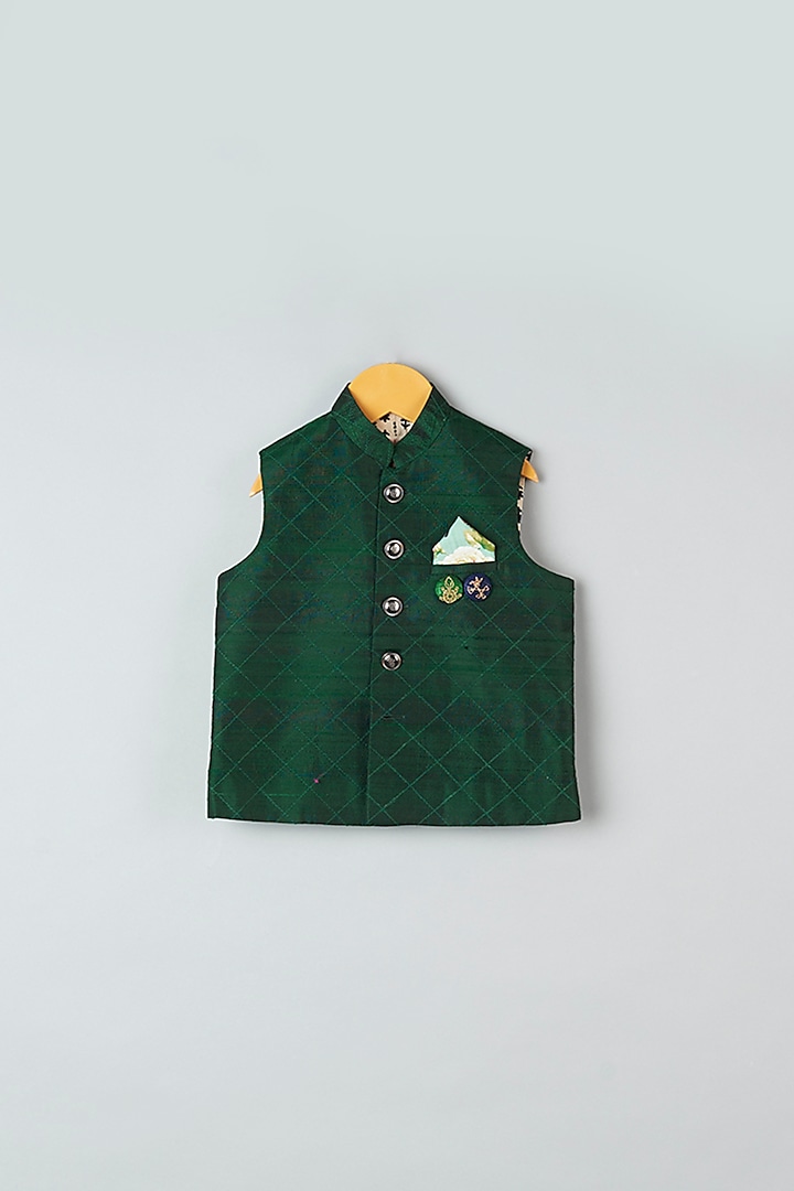 Bottle Green Hand Embroidered Bundi Jacket For Boys by Khela