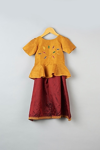 Wine Hand Embroidered Pant Set For Girls by Khela