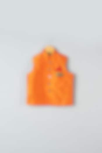 Rust Orange Hand Embroidered Bundi Jacket For Boys by Khela