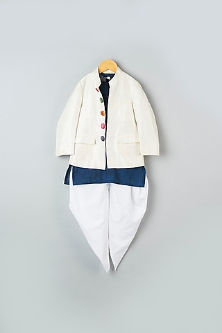Ivory Raw Silk Bandhgala Jacket Set For Boys by Khela