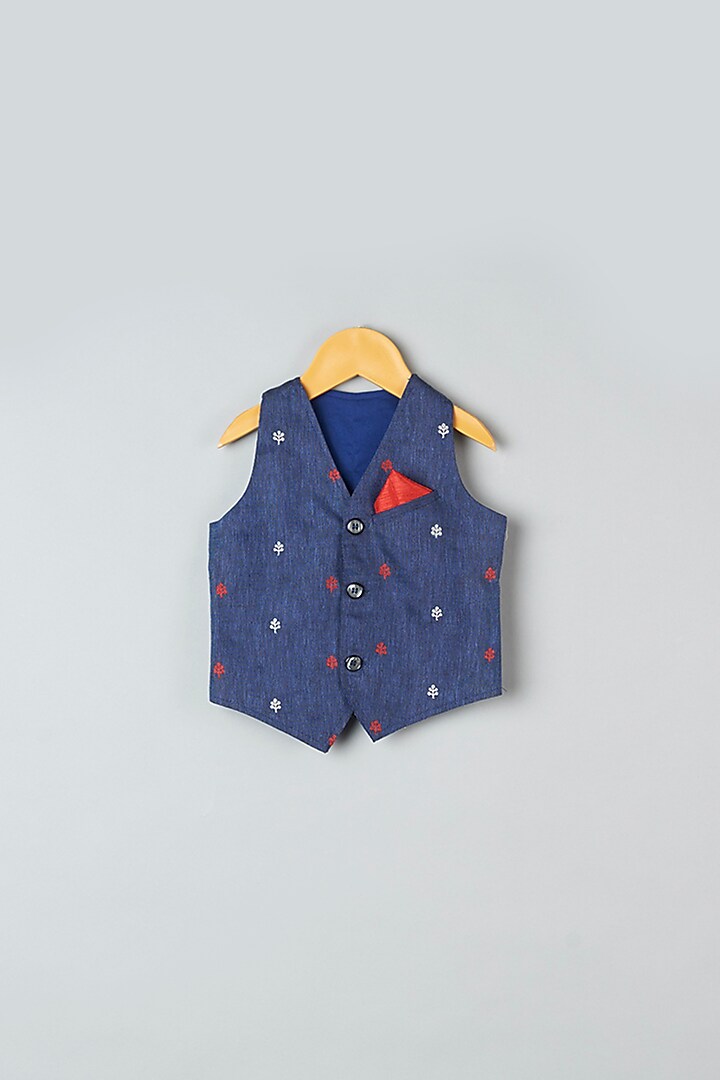 Navy Blue Linen Waistcoat Jacket Set For Boys by Khela at Pernia's Pop Up Shop
