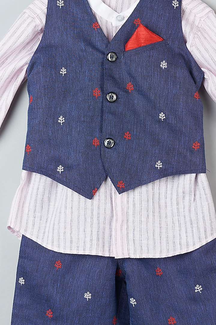 Navy Blue Linen Waistcoat Jacket Set For Boys by Khela at Pernia's Pop Up Shop