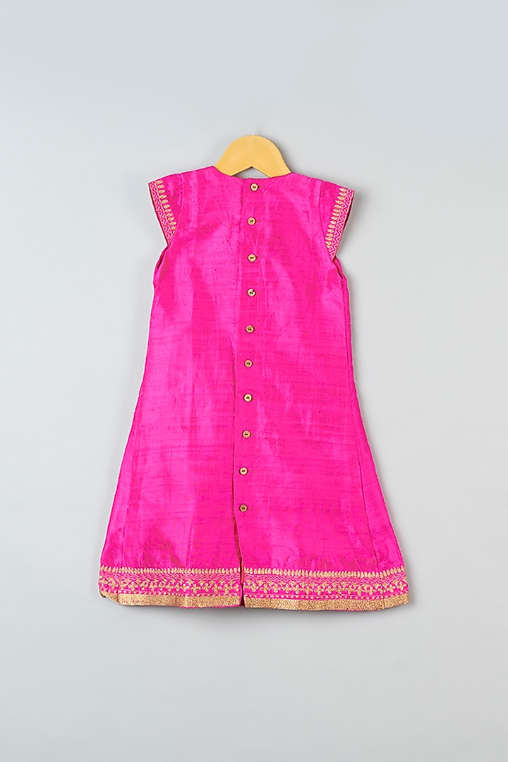 Fuschia Hand Embroidered Pleated Dress For Girls by Khela