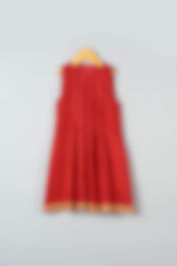 Red Hand Embroidered Pleated Dress For Girls by Khela