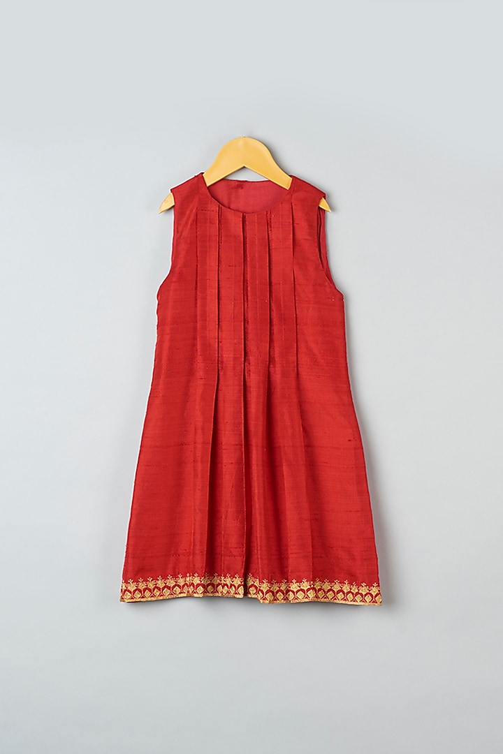 Red Hand Embroidered Pleated Dress For Girls by Khela