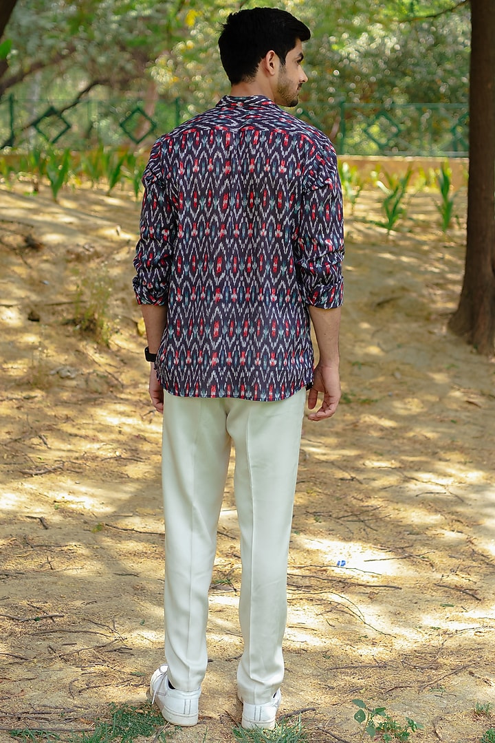 Navy Blue Ikkat Printed Party Wear Shirt by Kheer Ganga at Pernia's Pop Up Shop