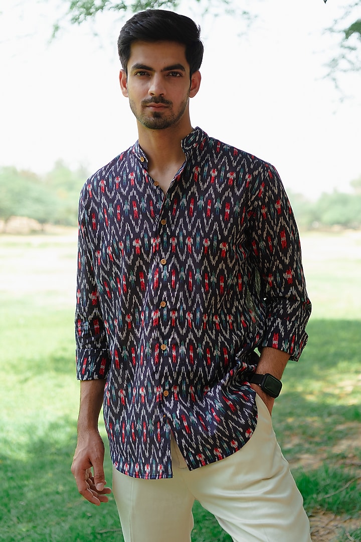 Navy Blue Ikkat Printed Party Wear Shirt by Kheer Ganga at Pernia's Pop Up Shop