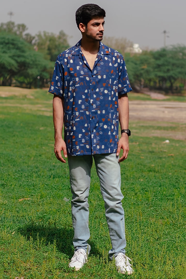 Navy Blue Digital Printed Summer Shirt by Kheer Ganga at Pernia's Pop Up Shop