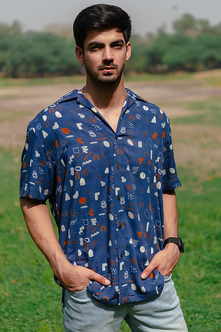 Navy Blue Digital Printed Summer Shirt by Kheer Ganga at Pernia's Pop Up Shop
