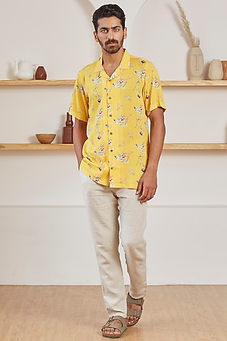 Lemon Yellow Viscose Cotton Shirt by Kheer Ganga