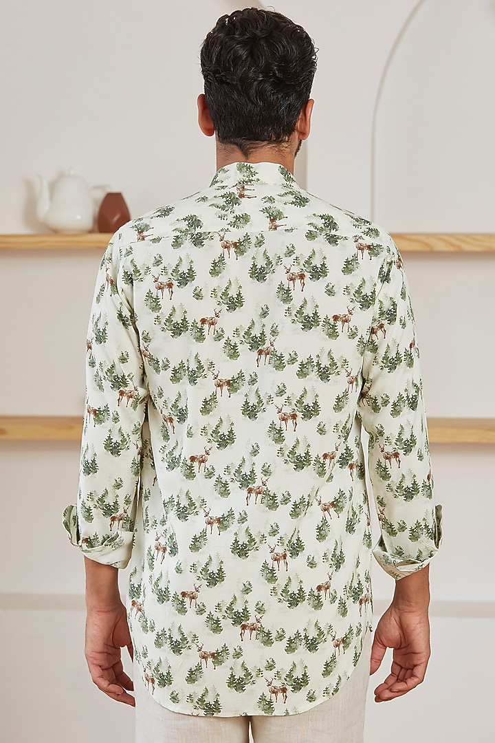 Green Viscose Cotton Deer Printed Summer Shirt by Kheer Ganga at Pernia's Pop Up Shop