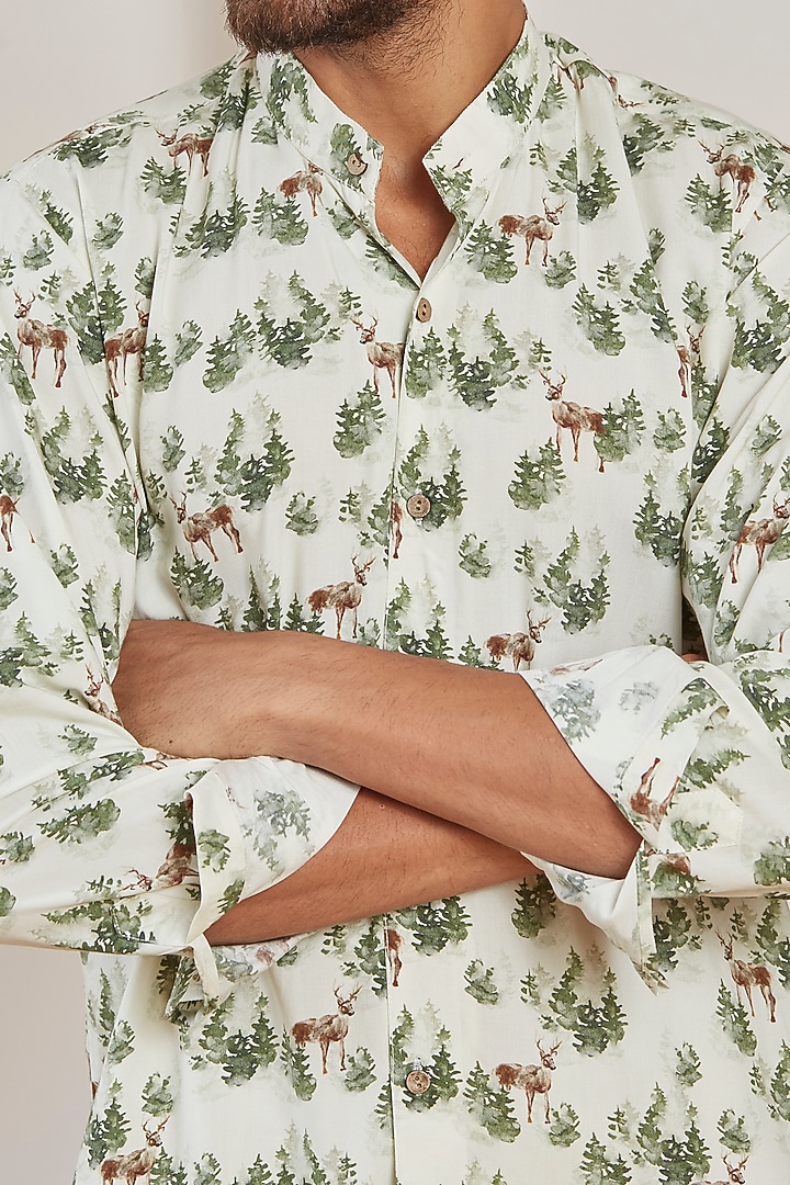 Green Viscose Cotton Deer Printed Summer Shirt by Kheer Ganga at Pernia's Pop Up Shop