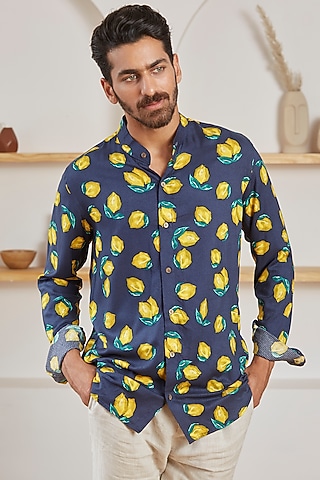 Navy Blue Cotton Printed Shirt by Kheer Ganga