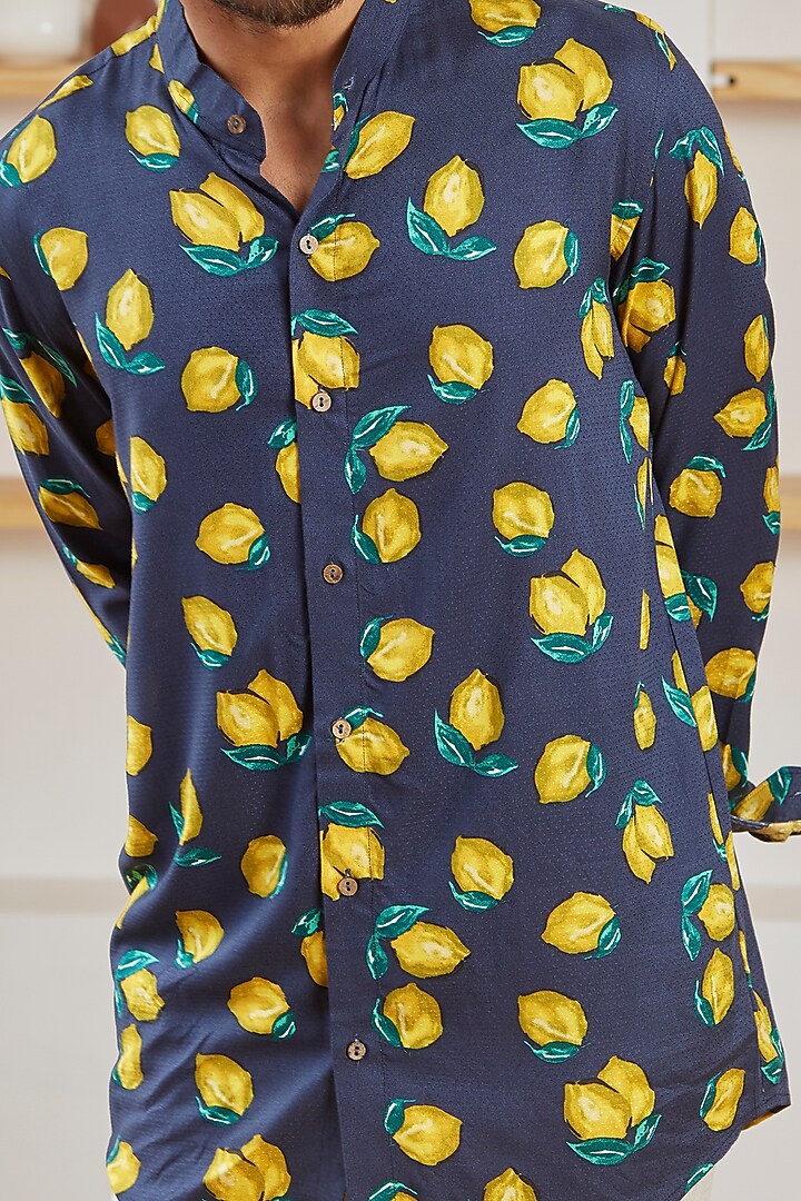 Navy Blue Cotton Printed Summer Shirt by Kheer Ganga at Pernia's Pop Up Shop
