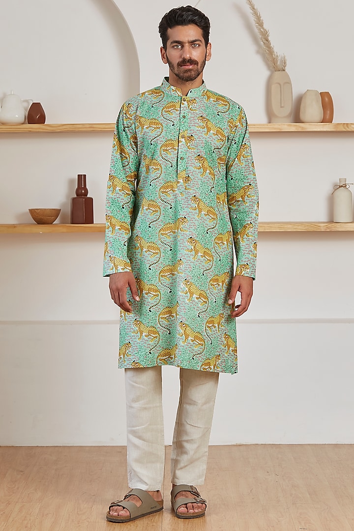 Green Cotton Printed Kurta by Kheer Ganga