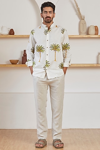 White Printed Cotton Shirt by Kheer Ganga