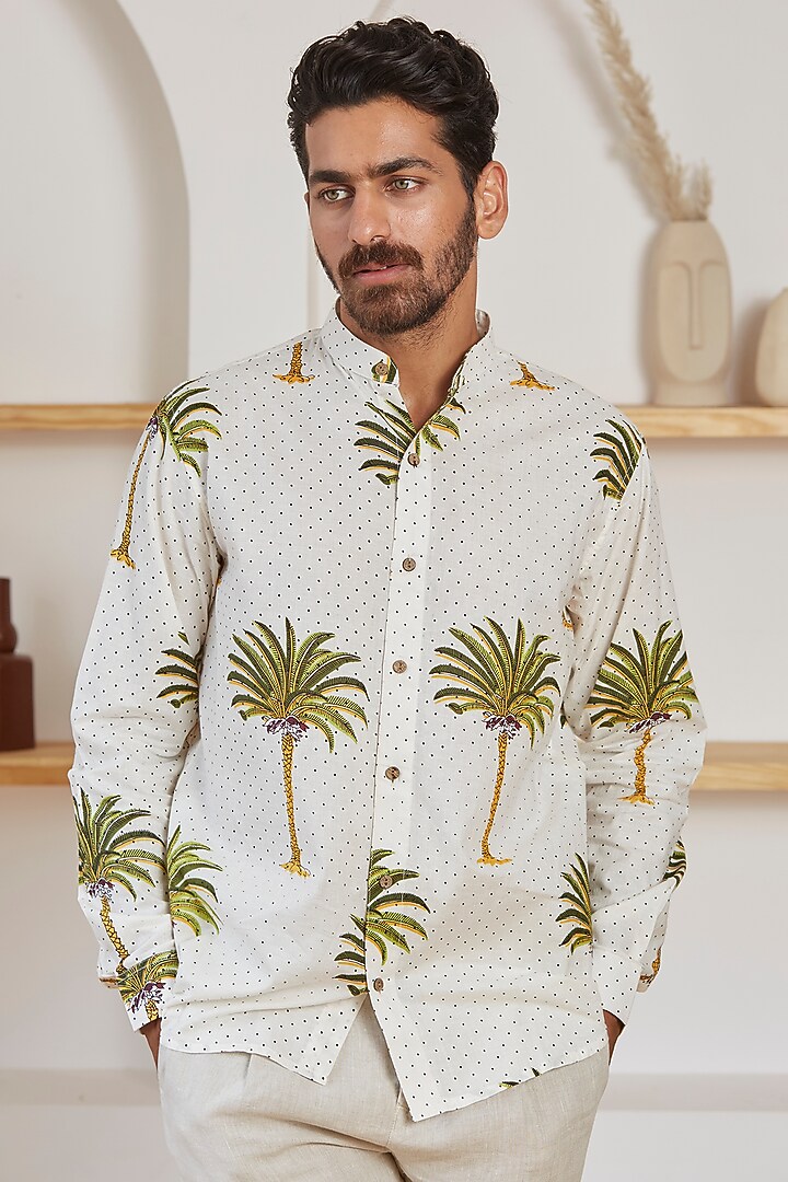 White Printed Cotton Summer Shirt by Kheer Ganga at Pernia's Pop Up Shop