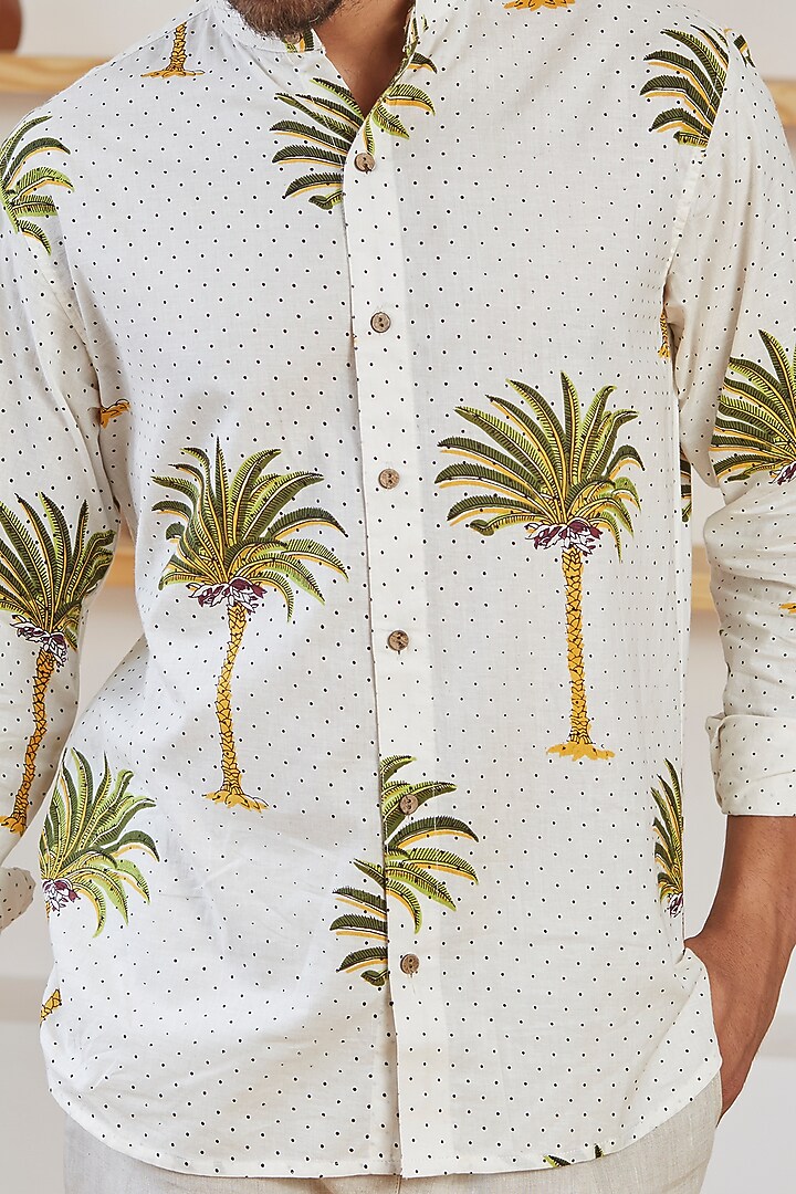 White Printed Cotton Summer Shirt by Kheer Ganga at Pernia's Pop Up Shop