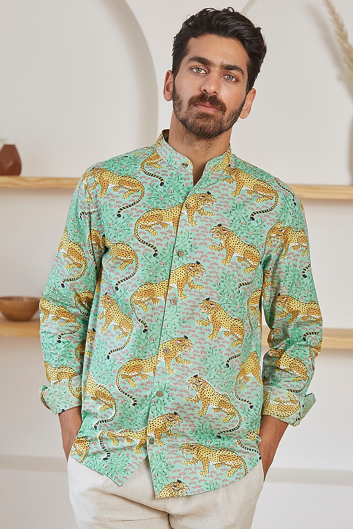 Green Cotton Tiger Printed Summer Shirt by Kheer Ganga at Pernia's Pop Up Shop
