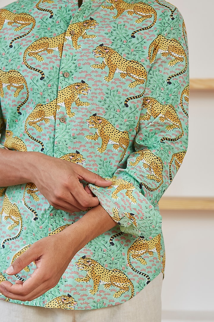 Green Cotton Tiger Printed Summer Shirt by Kheer Ganga at Pernia's Pop Up Shop