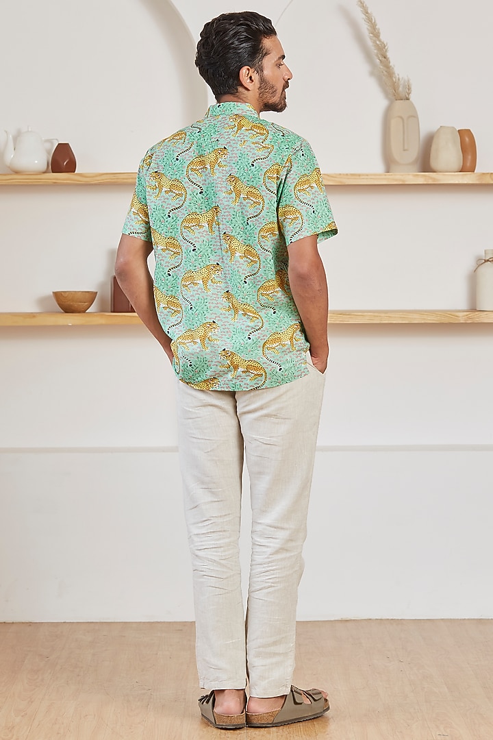 Green Cotton Tiger Printed Summer Shirt by Kheer Ganga at Pernia's Pop Up Shop