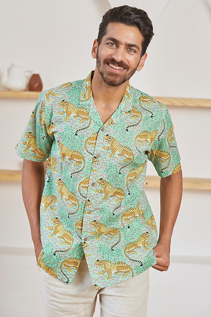 Green Cotton Tiger Printed Summer Shirt by Kheer Ganga at Pernia's Pop Up Shop