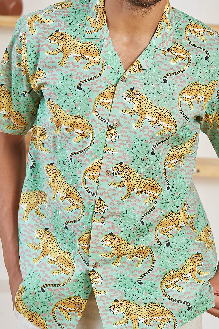 Green Cotton Tiger Printed Summer Shirt by Kheer Ganga at Pernia's Pop Up Shop