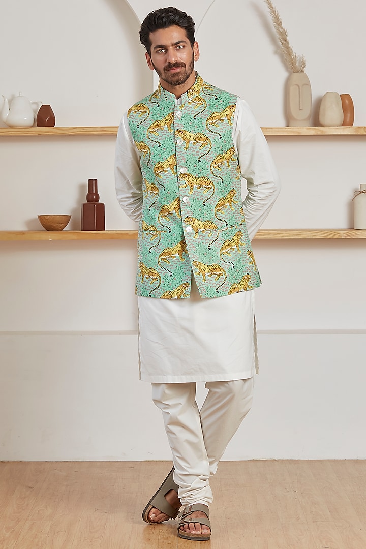 Green Cotton Printed Bundi Jacket by Kheer Ganga