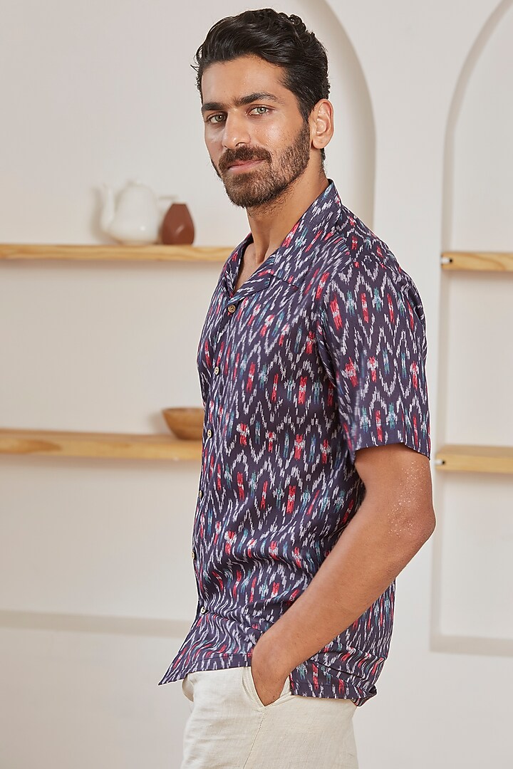 Blue Cotton Ikat Printed Summer Shirt by Kheer Ganga at Pernia's Pop Up Shop