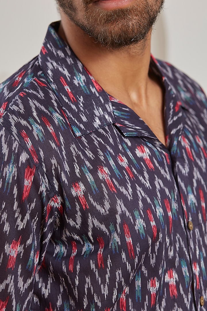 Blue Cotton Ikat Printed Summer Shirt by Kheer Ganga at Pernia's Pop Up Shop