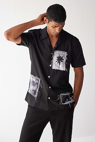 Black Viscose Crepe Printed Shirt by Kheer-Ganga