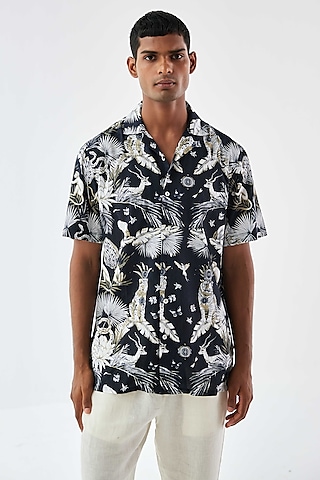 Black Viscose Crepe Animal Printed Shirt by Kheer-Ganga