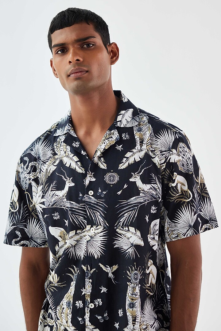 Black Viscose Crepe Animal Printed Summer Shirt by Kheer-Ganga at Pernia's Pop Up Shop