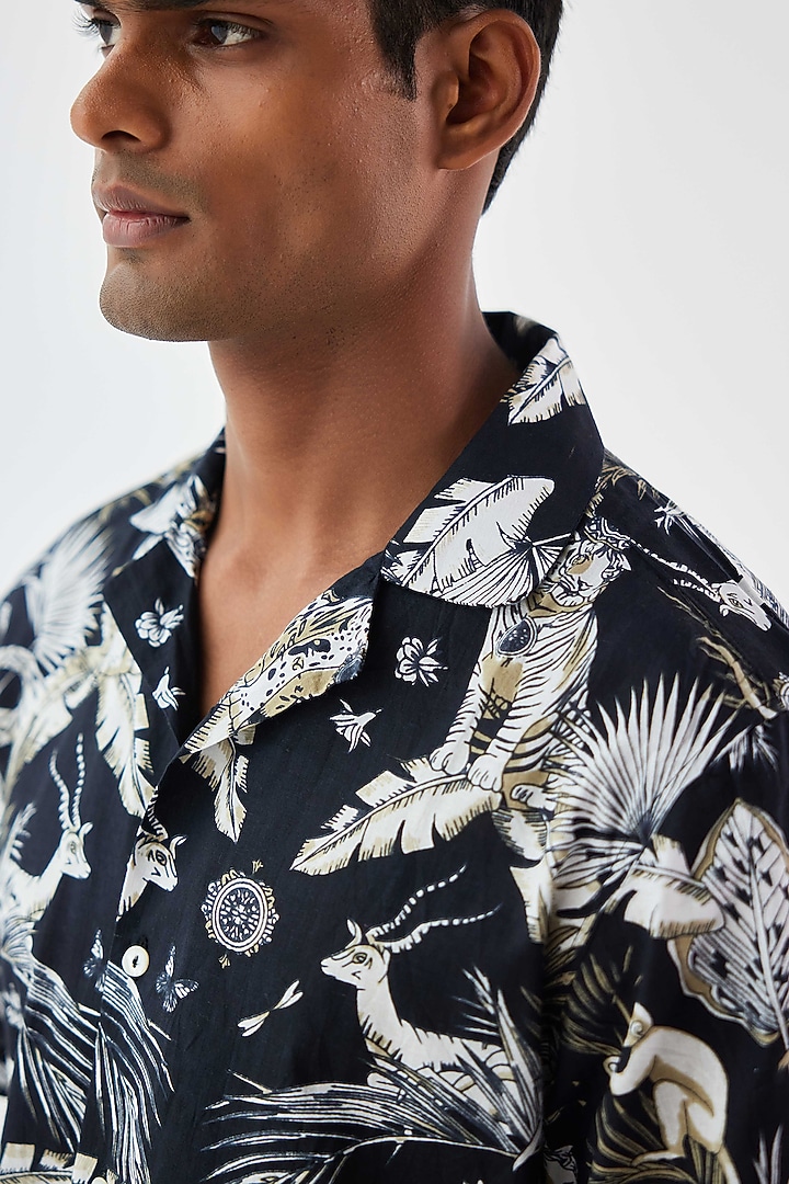 Black Viscose Crepe Animal Printed Summer Shirt by Kheer-Ganga at Pernia's Pop Up Shop