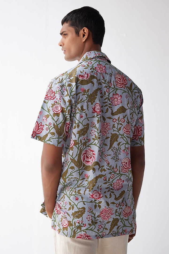 Blue Viscose Crepe Floral Printed Summer Shirt by Kheer-Ganga at Pernia's Pop Up Shop